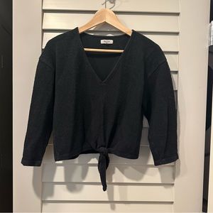 Madewell Cotton V-Neck Textured Crop Top 3/4 Sleeve Knotted Tie Black M
